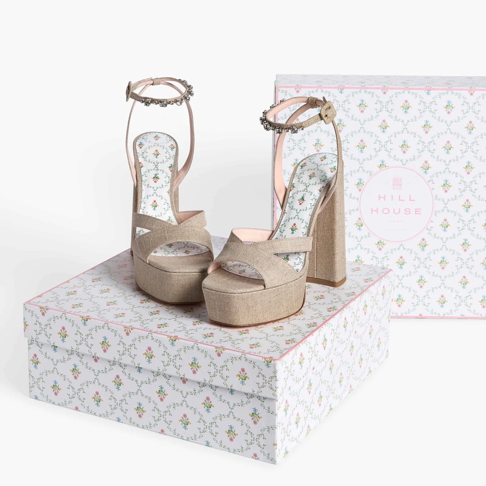 NIB Hill House Home The Party Platform Sand Linen Rhinestone Strap Size 41